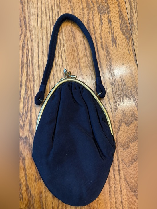 Handbags - Vintage Navy Evening Frame Bag handbag purse with Gold Trim & clasp.